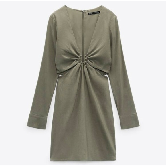 Zara * Stretchy Linen Blend Short Mini Dress Cut Out Green Olive XS - Picture 3 of 5